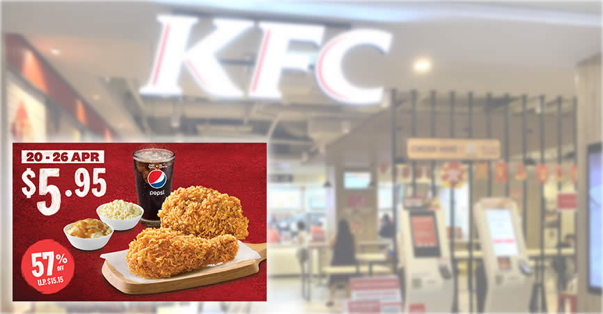 Featured image for KFC S'pore 2pcs Chicken Meal is going at only S$5.95 (57% off) from 20 - 26 April 2022