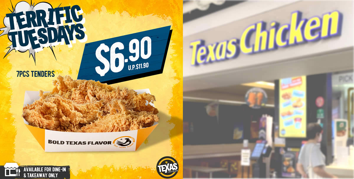 Featured image for Texas Chicken S'pore is offering 7pcs Tenders for S$6.90 for dine-in and takeaway on Tuesdays