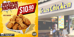 Featured image for Texas Chicken S’pore is offering 5pcs Chicken for S$10.90 for dine-in and takeaway on Mondays