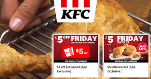 Featured image for KFC S’pore offering $5 off $15 spend on Fridays till 21 June 2022