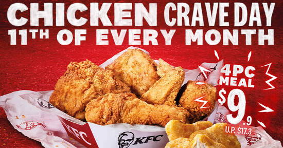 KFC S’pore is offering 4 pieces of crispy fried chicken and 3 pieces of Nuggets at just $9.90 on 11 Aug 2022