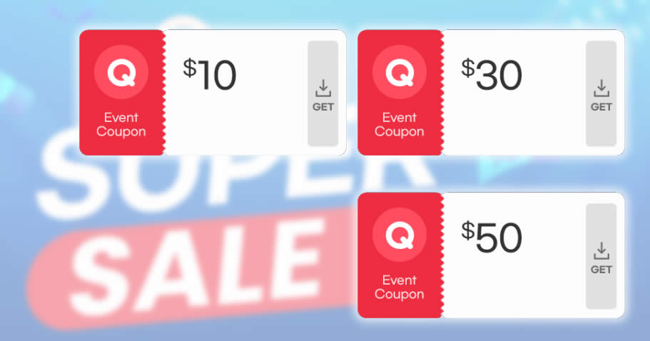 Featured image for Qoo10: Super Sale - grab $10, $30 & $50 cart coupons daily till 19 May 2022