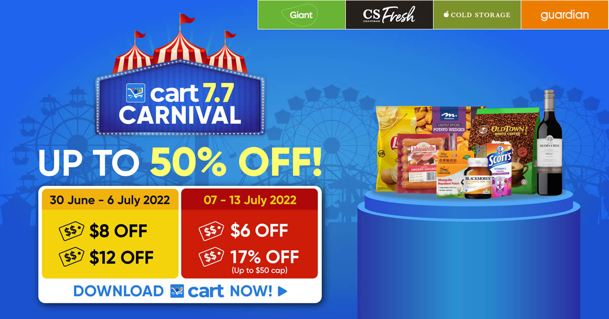 Featured image for CART App 7.7 Carnival - Up to 50% Off + $50 worth of Coupons valid till 13 July 2022