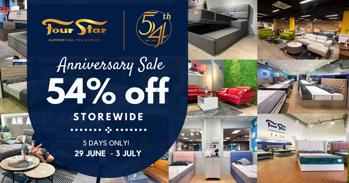 Featured image for Storewide discounts of up to 54% off at Four Star's 54th Anniversary Storewide Sale (29 June - 3 July)