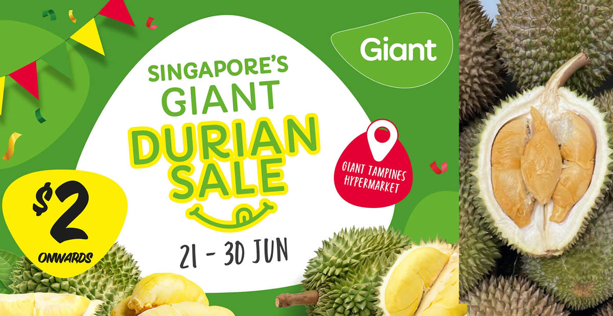 Featured image for Giant Tampines Hypermarket selling durians from as low as S$2* per durian till 30 June 2022