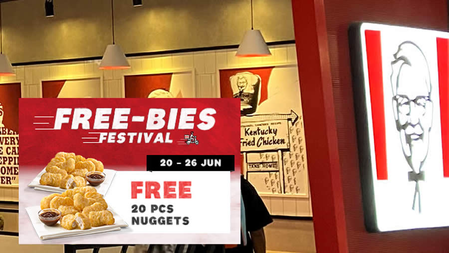 Featured image for KFC Delivery S'pore: Free 20pcs Nuggets (Worth $13.70) with this code valid from 20 - 26 Jun 2022