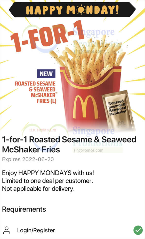 Lobang: McDonald’s App has 1-for-1 Roasted Sesame & Seaweed McShaker Fries deal on 20 June 2022 - 11