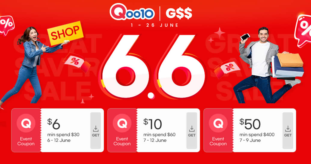 Featured image for Qoo10 S'pore 6.6 Great Saver Sale offers $6, $10 & $50 cart coupons till 12 June 2022