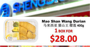 Featured image for Sheng Siong selling boxes of Mao Shan Wang Durian at S$28 each online and at 25 selected stores (From 14 June 2022)