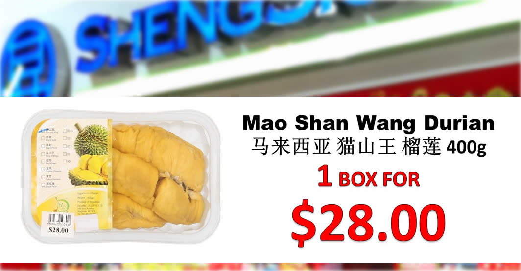Featured image for Sheng Siong selling boxes of Mao Shan Wang Durian at S$28 each online and at 25 selected stores (From 14 June 2022)