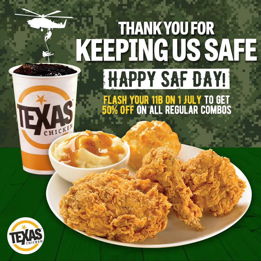 Lobang: Texas Chicken is offering 11B holders 50% off all regular combos in celebration of SAF Day on 1 July 2022 - 8