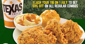 Featured image for Texas Chicken is offering 11B holders 50% off all regular combos in celebration of SAF Day on 1 July 2022