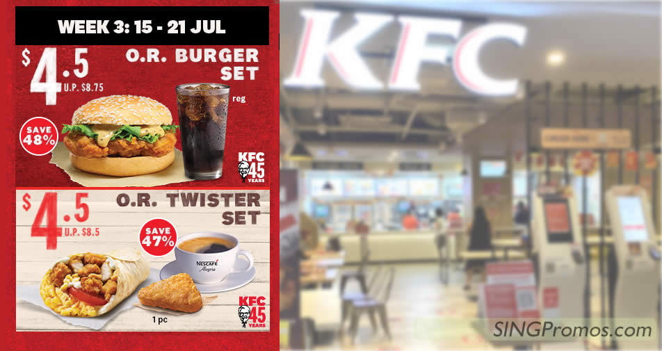 Featured image for KFC S'pore offering $4.50 O.R. Burger Set and $4.50 O.R. Twister Set till 21 Jul 2022