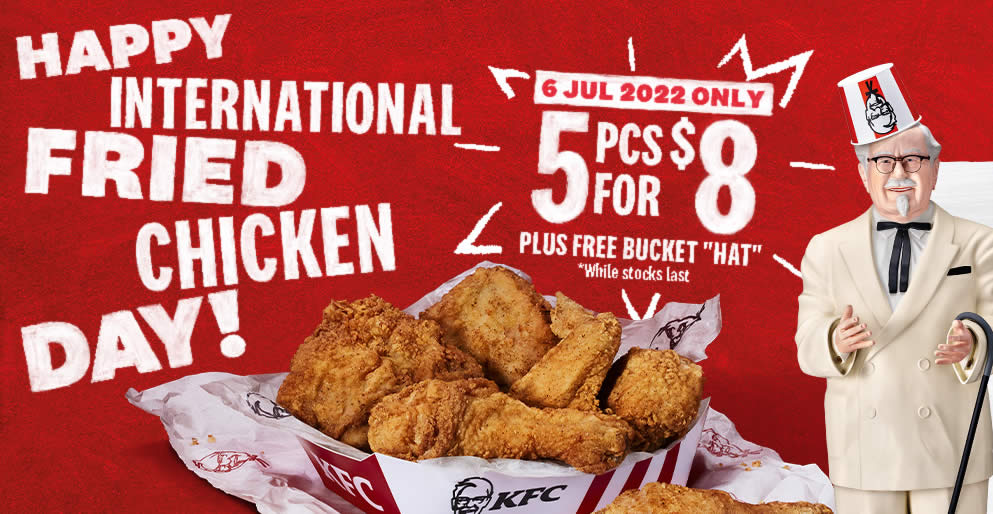Featured image for KFC S'pore: Enjoy 5 pieces of finger lickin' good chicken for S$8 on 6 July, comes with a free paper bucket hat