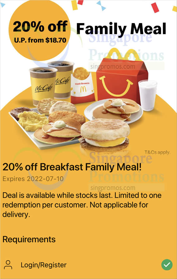 Lobang: McDonald’s S’pore: 20% off Breakfast Family Meal deal till July 10 means you pay only S$14.96 - 8