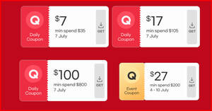 Featured image for Qoo10: Grab free $7, $17, $100 and $27 cart coupons on 7 July 2022