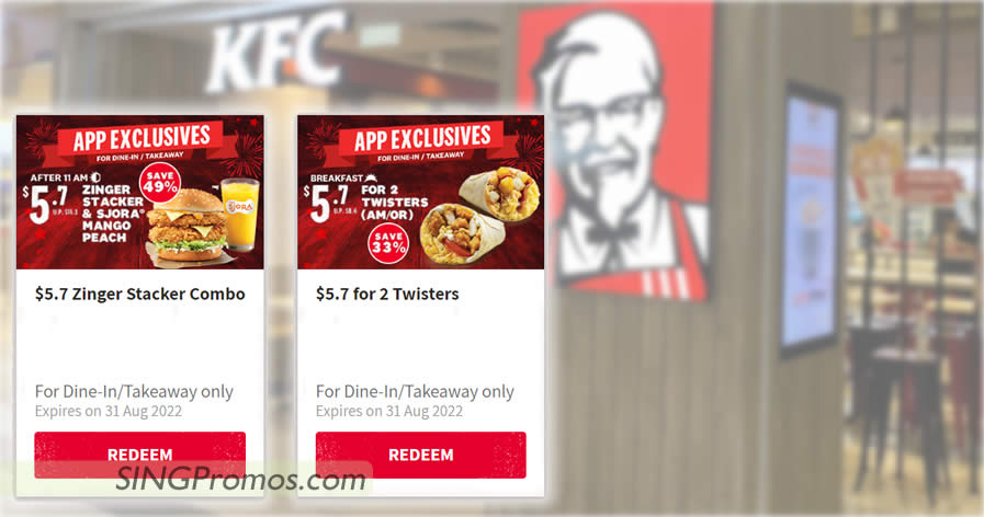 Featured image for KFC S'pore offering $5.7 Zinger Stacker and $5.7 for 2 Twisters deals for dine-in/takeaway app orders till 31 Aug 2022