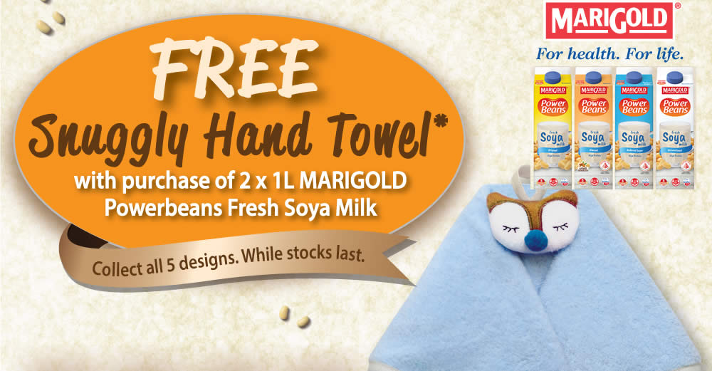 Featured image for Free Snuggly Hand Towel with purchase of 2x1L MARIGOLD PowerBeans Fresh Soya Milk till 28 Aug 2022