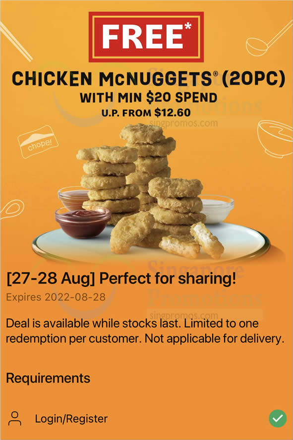 Lobang: McDonald’s S’pore giving away free Chicken McNuggets (20pc) when you spend S$20 till Aug 28 2022 - 11