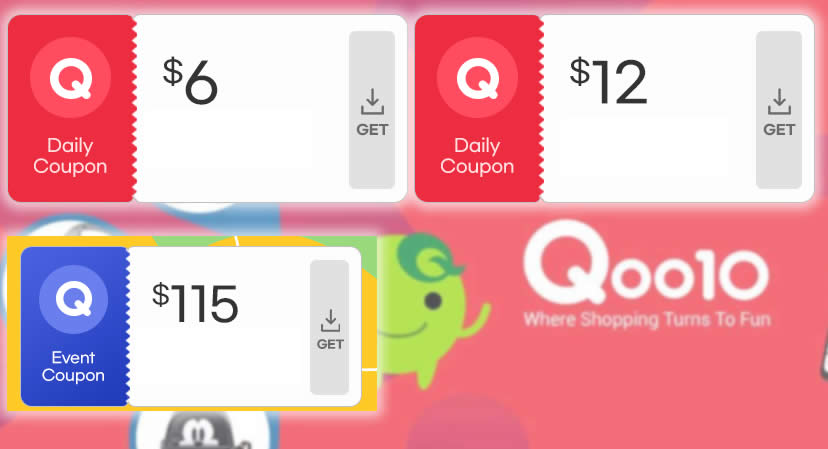 Featured image for Qoo10 S'pore is offering $6, $12 & $115 cart coupons daily till 21 Aug 2022