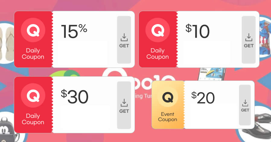 Featured image for Qoo10 S'pore offering free 15%, $10, $30 and $20 cart coupons till 24 Aug 2022
