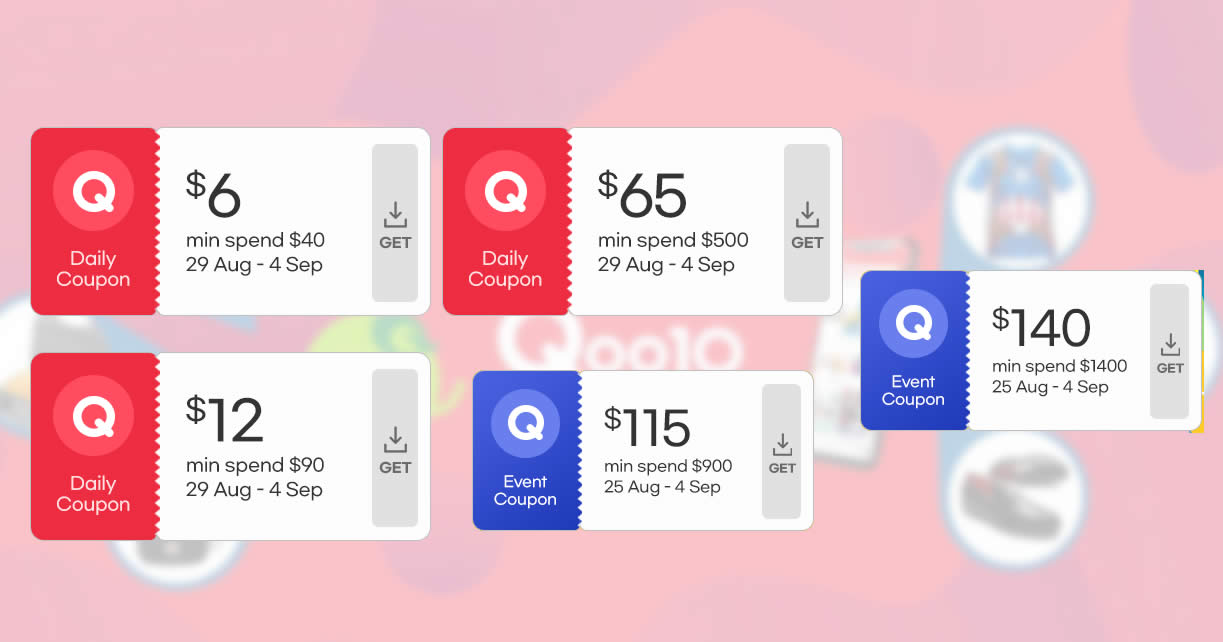 Featured image for Qoo10 S'pore is offering $6, $12, $65, $115 and $140 cart coupons daily till 4 Sep 2022