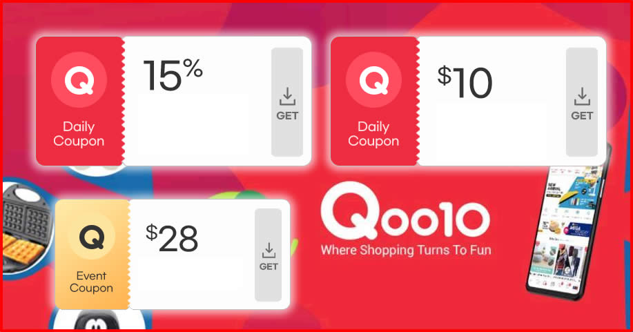 Featured image for Qoo10 S'pore is giving away free 15%, $10 and $28 cart coupons till 7 Aug 2022