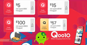 Featured image for Qoo10 S’pore Limited Q-Rewards offers $5, $15, $57 & $100 cart coupons on 9 Aug 2022