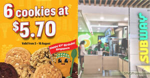 Featured image for Subway S’pore selling cookies at 6-for-S$5.70 till 16 Aug 2022 to celebrate National Day