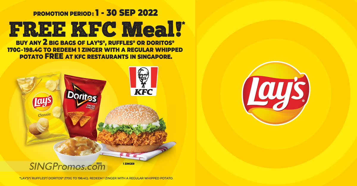 Featured image for Lay's S'pore giving FREE KFC meal with every purchase of any 2 big bags of Ruffles or Doritos till 30 Sep 2022