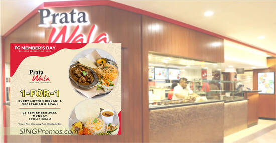 Prata Wala offering 1-for-1 Curry Mutton Biryani or Vegetarian Biryani at two outlets on Monday, 26 Sep 2022