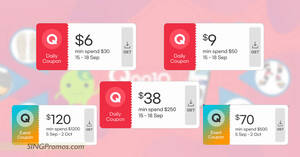 Featured image for Qoo10 S’pore offering free $6, $9, $38, $70 and $120 cart coupons till 18 Sep 2022