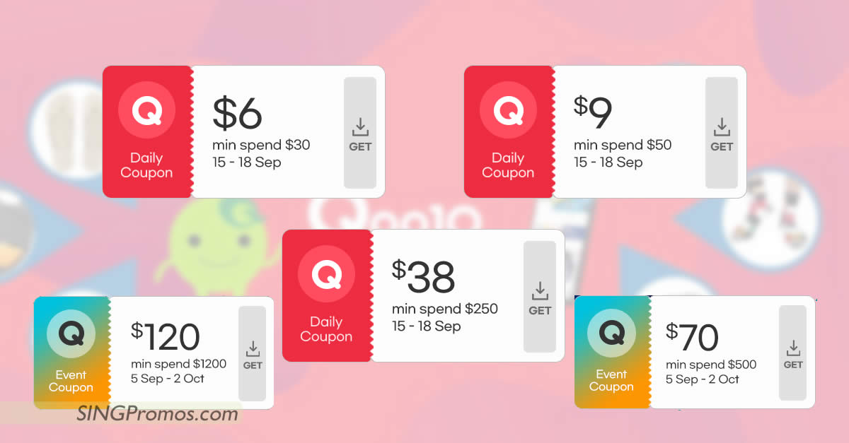 Featured image for Qoo10 S'pore offering free $6, $9, $38, $70 and $120 cart coupons till 18 Sep 2022