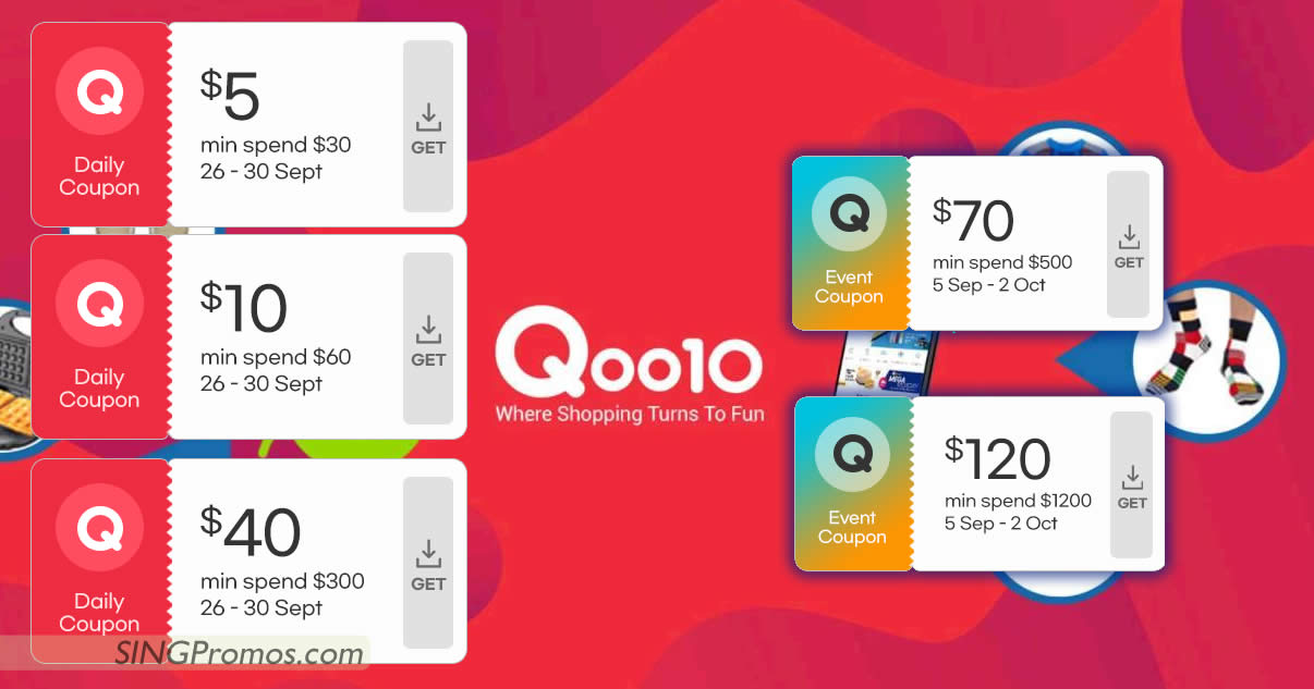 Featured image for Qoo10 S'pore offering free $5, $10, $40, $70 and $120 cart coupons till 30 Sep 2022