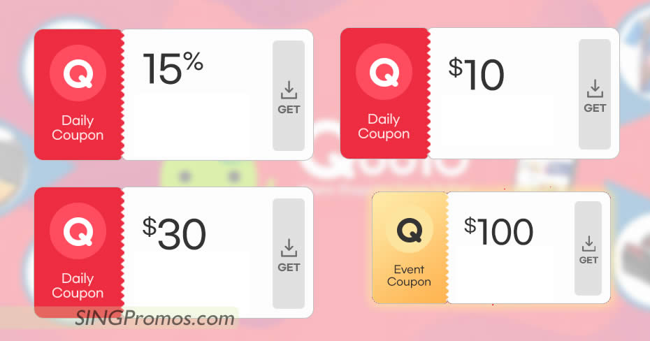 Featured image for Qoo10 S'pore offering free 15%, $10, $30 and $100 cart coupons till 8 Sep 2022