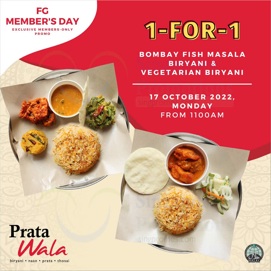 Lobang: Prata Wala offering 1-for-1 Bombay Fish Masala Biryani or Vegetarian Biryani at two outlets on Monday, 17 Oct 2022 - 12