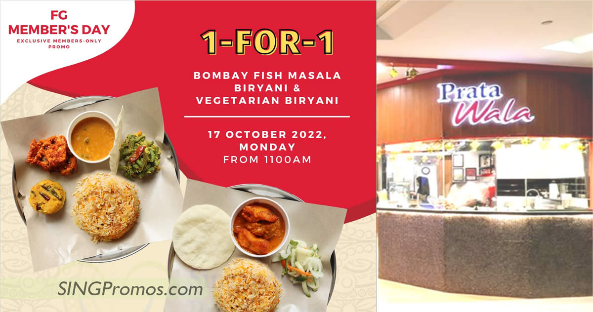 Featured image for Prata Wala offering 1-for-1 Bombay Fish Masala Biryani or Vegetarian Biryani at two outlets on Monday, 17 Oct 2022