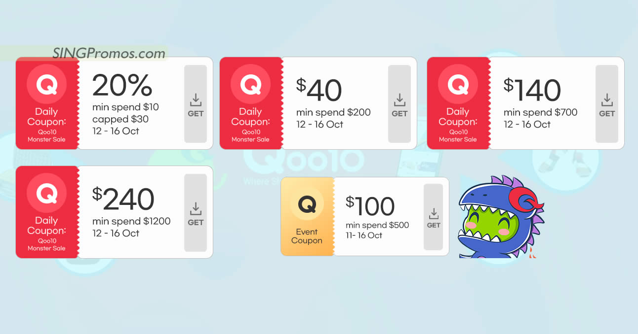 Featured image for Qoo10 S'pore offering free 20%, $40, $100, $140, $240 cart coupons till 16 Oct 2022