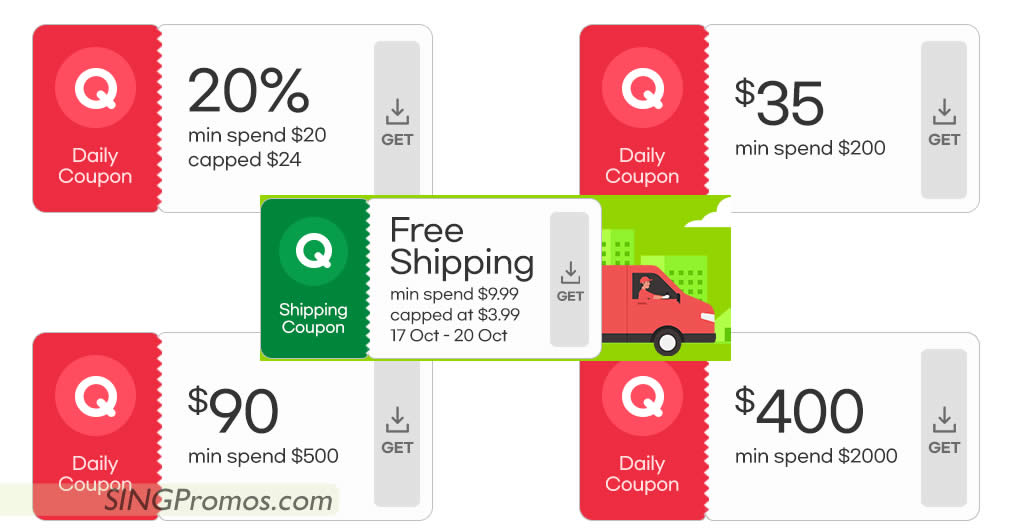 Featured image for Qoo10 S'pore offering free 20%, $35, $90, $400 cart coupons on 20 Oct 2022