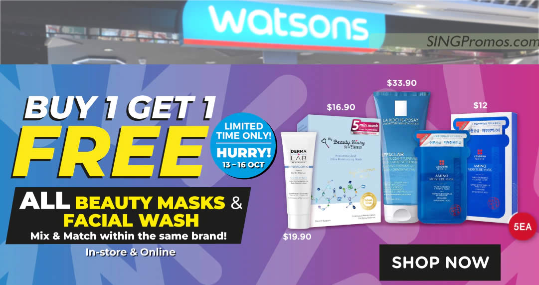 Featured image for Watson's S'pore Buy 1 Get 1 Free ALL Beauty Masks & Facial Wash promotion till 16 Oct 2022