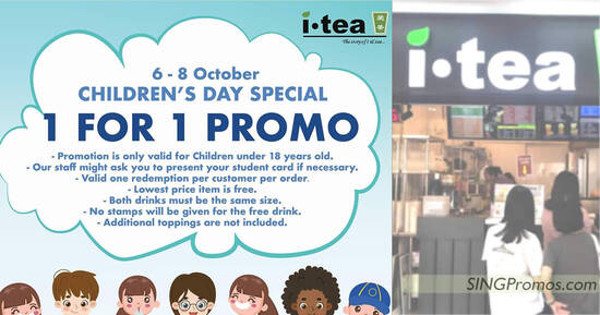iTea offering 1-for-1 drinks for children under 18 years old from 6 – 8 Oct 2022