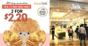 Featured image for BreadTalk selling Ham & Cheese buns at 2-for-$2.20 at all outlets from 10 – 11 Nov 2022