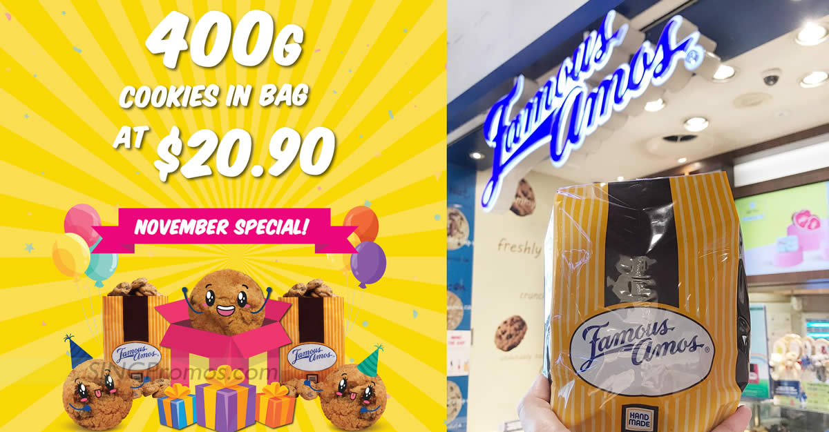 Featured image for Famous Amos S'pore is selling 400g cookies at S$20.90 (U.P. $23.90) till 30 Nov 2022