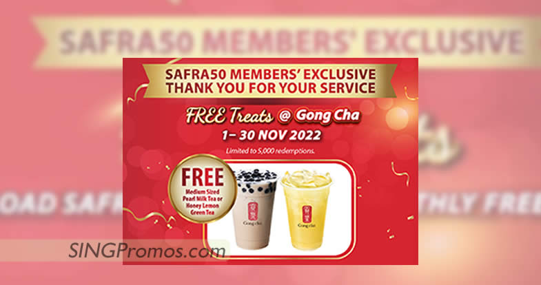 Featured image for (Fully Redeemed) Gong Cha is giving away free Pearl Milk Tea or Honey Lemon Green Tea for SAFRA members till 30 Nov 2022