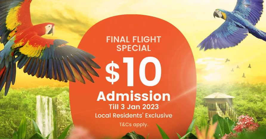 Featured image for Jurong Bird Park is offering $10 admission tickets for visits from 19 Nov 2022 - 3 Jan 2023