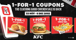 Featured image for KFC S’pore has 1-for-1 2pcs Chicken, Cheese Fries, Orig Recipe Burger and more coupon deals till 6 Dec 2022