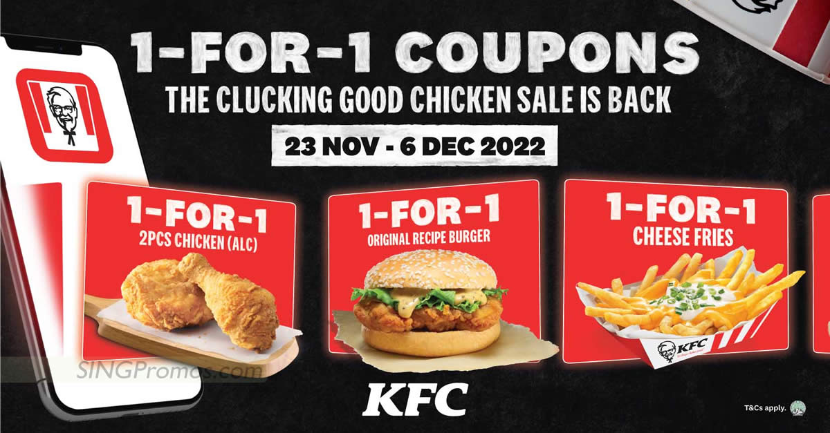 Featured image for KFC S'pore has 1-for-1 2pcs Chicken, Cheese Fries, Orig Recipe Burger and more coupon deals till 6 Dec 2022