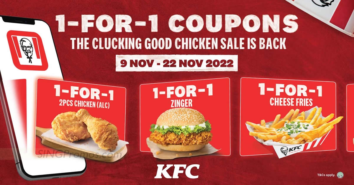 Featured image for KFC S'pore offering 1-for-1 2pcs Chicken, Zinger, Cheese Fries and more coupon deals till 22 Nov 2022