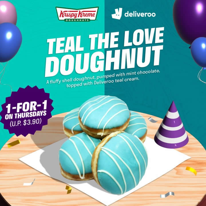 Lobang: Krispy Kreme offering 1-for-1 Teal the Love doughnut every Thursday when you order via Deliveroo till 10 Nov 2022 - 11