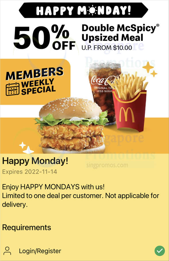 McDonald’s S’pore App offering 50 off Double McSpicy Upsized Meal on